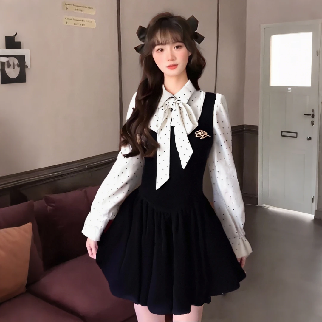 Amiu系富家千金连衣裙高级感小香风穿搭假两件收腰小黑裙D0489