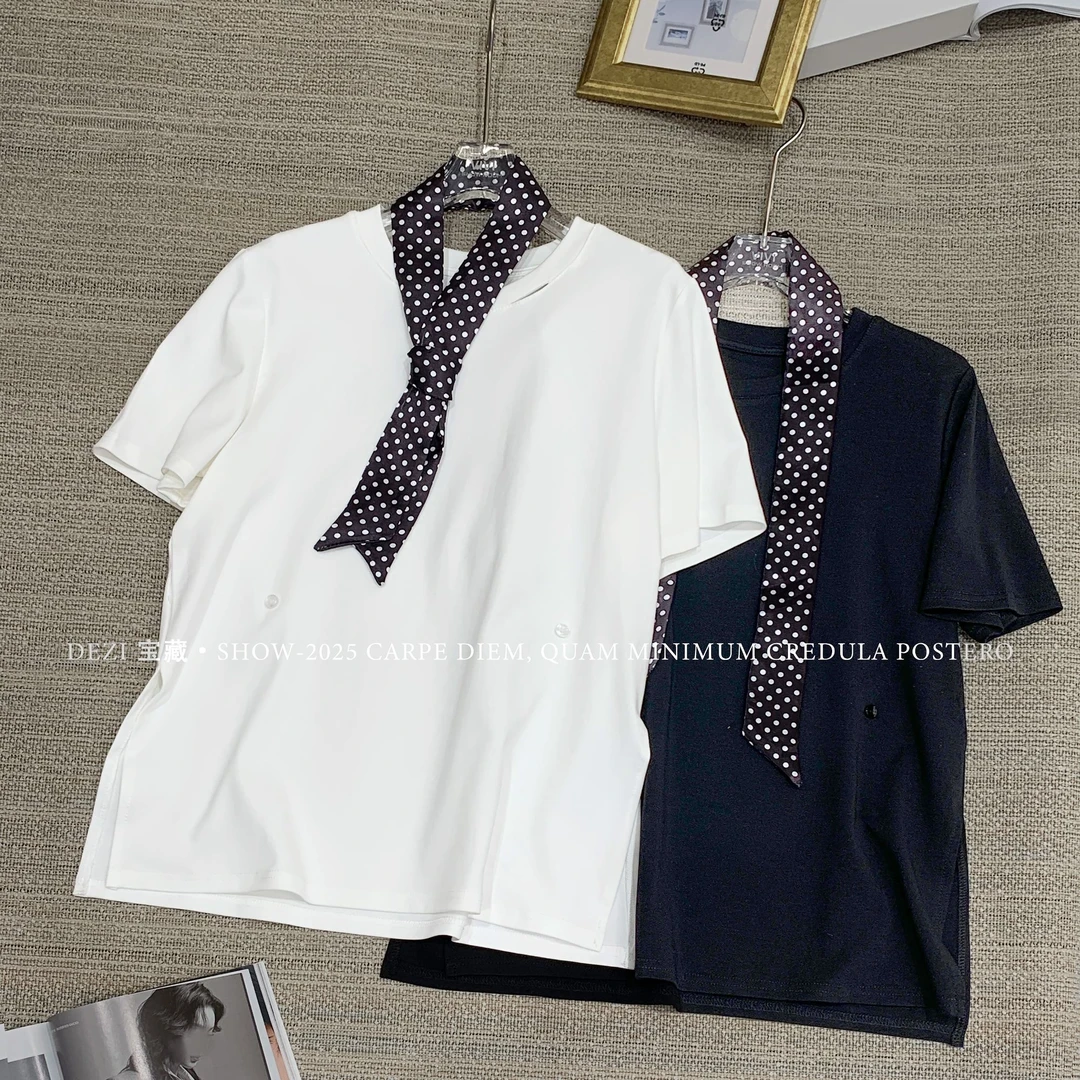 DEZI纯色波点领巾洋气舒适设计师款显瘦女短袖T恤LS659066