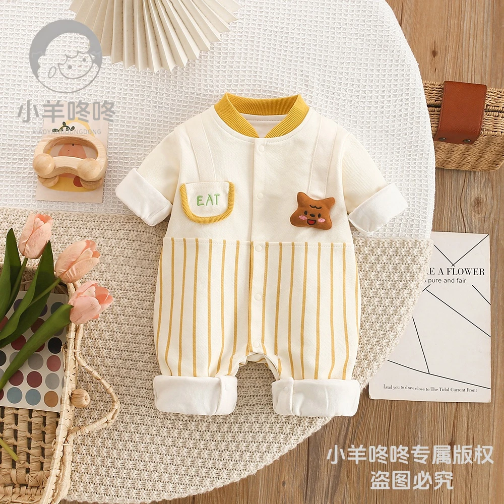 春秋新款黄竖条纹小熊拼接双层男女宝宝可爱洋气连体哈衣爬服