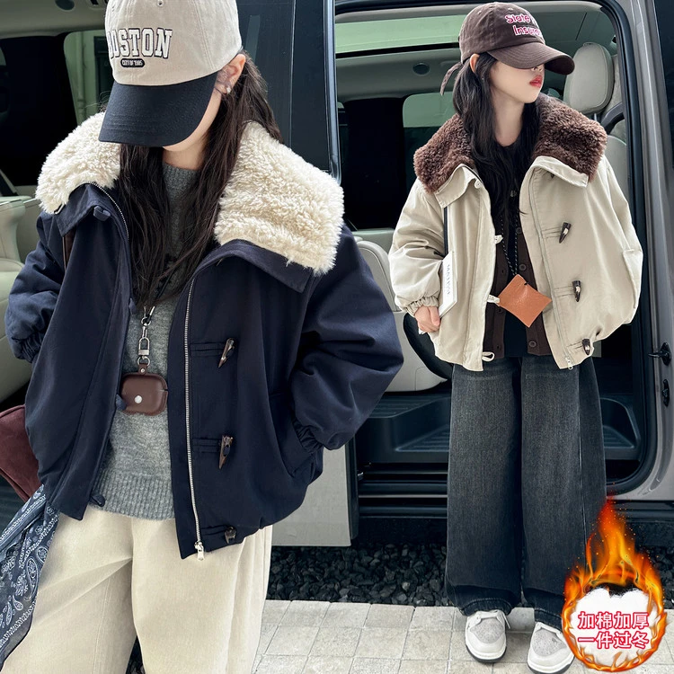 女童毛领外套秋冬季新款中大童加绒加厚棉衣女孩韩版洋气保暖冬装