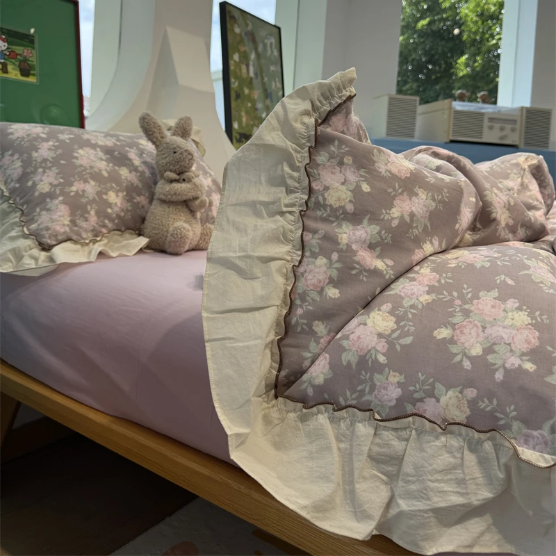 易安阁ins韩式花边双层纱少女田园紫色小碎花床单纯棉四件套1.5m