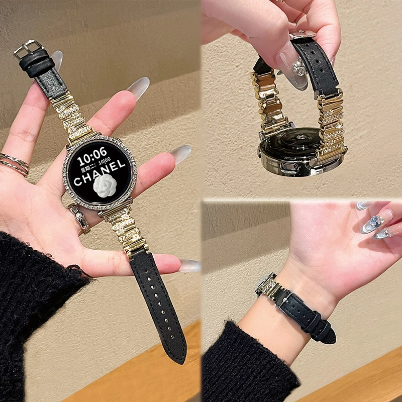 适用于华为gt系列表带gt6/gt5/gt4金属不规则镶钻拼皮质时尚表带