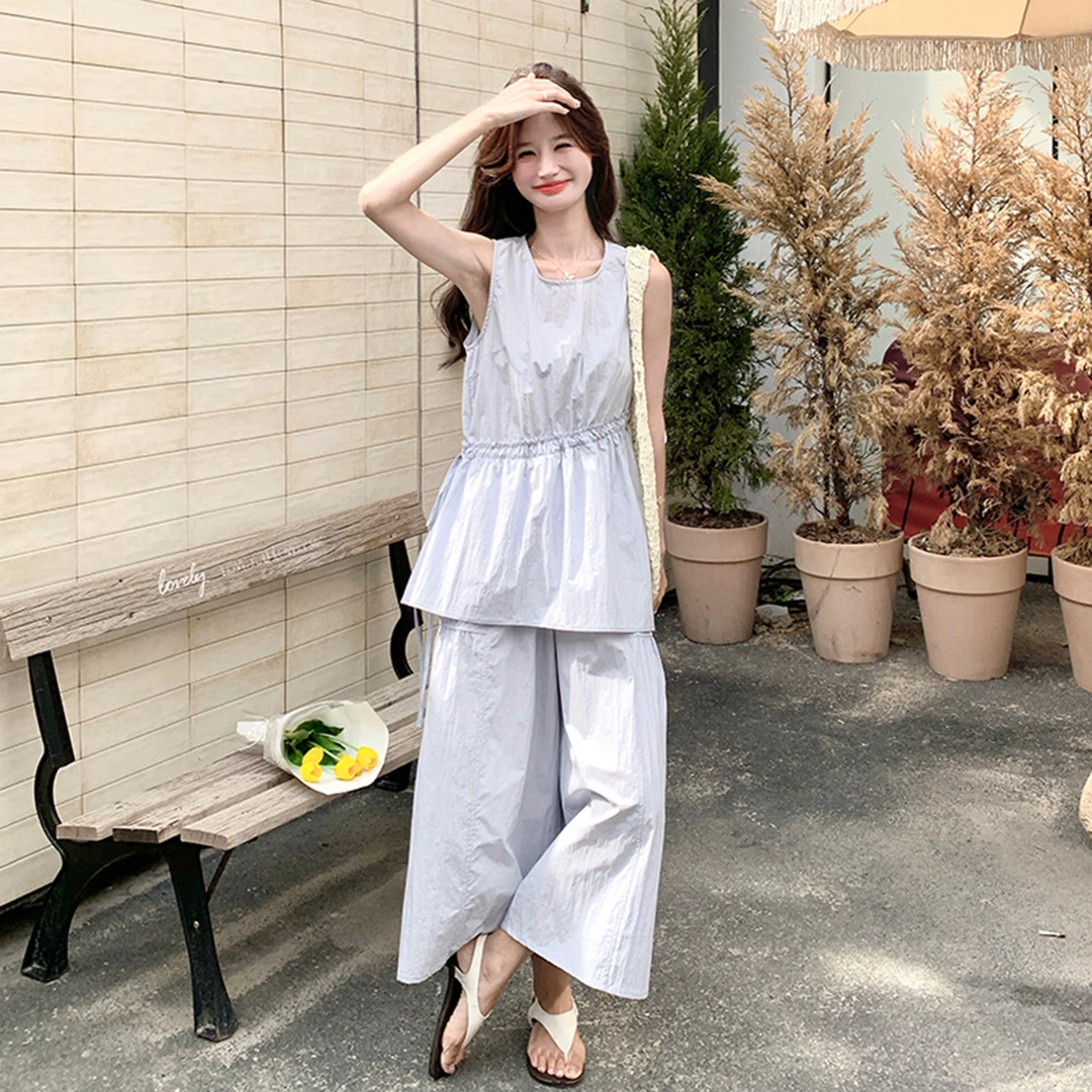 韩系时尚无袖收腰上衣+高腰阔腿裤两件套女ins风显瘦洋气网红套装