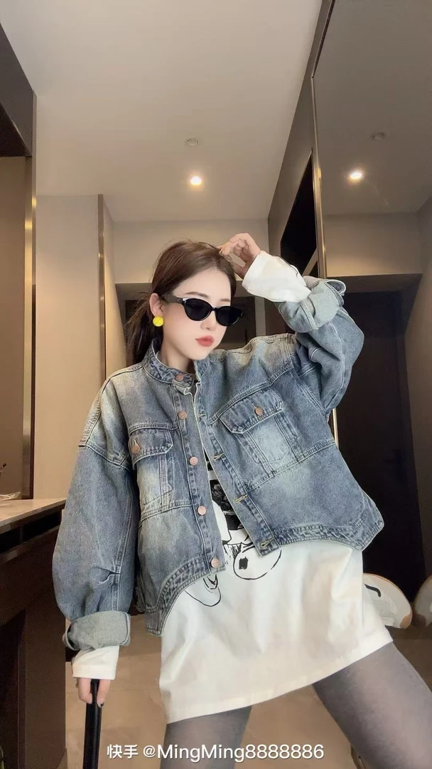 早秋新款时尚百搭宽松韩版潮流重工牛仔短外套6017