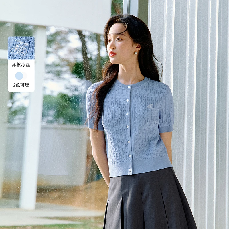 【欧若风新品】茵曼夏季冰丝薄款麻花针织衫女刺绣圆领短袖宽松上衣