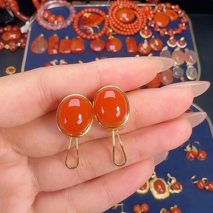 南红玛瑙银S925镶嵌耳饰高货