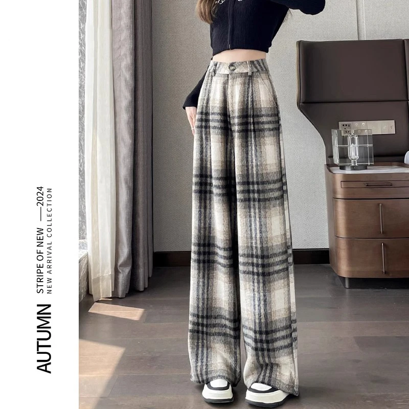 毛呢格子裤子女秋冬2024新款直筒垂感休闲慵懒风窄版绵羊毛阔腿裤