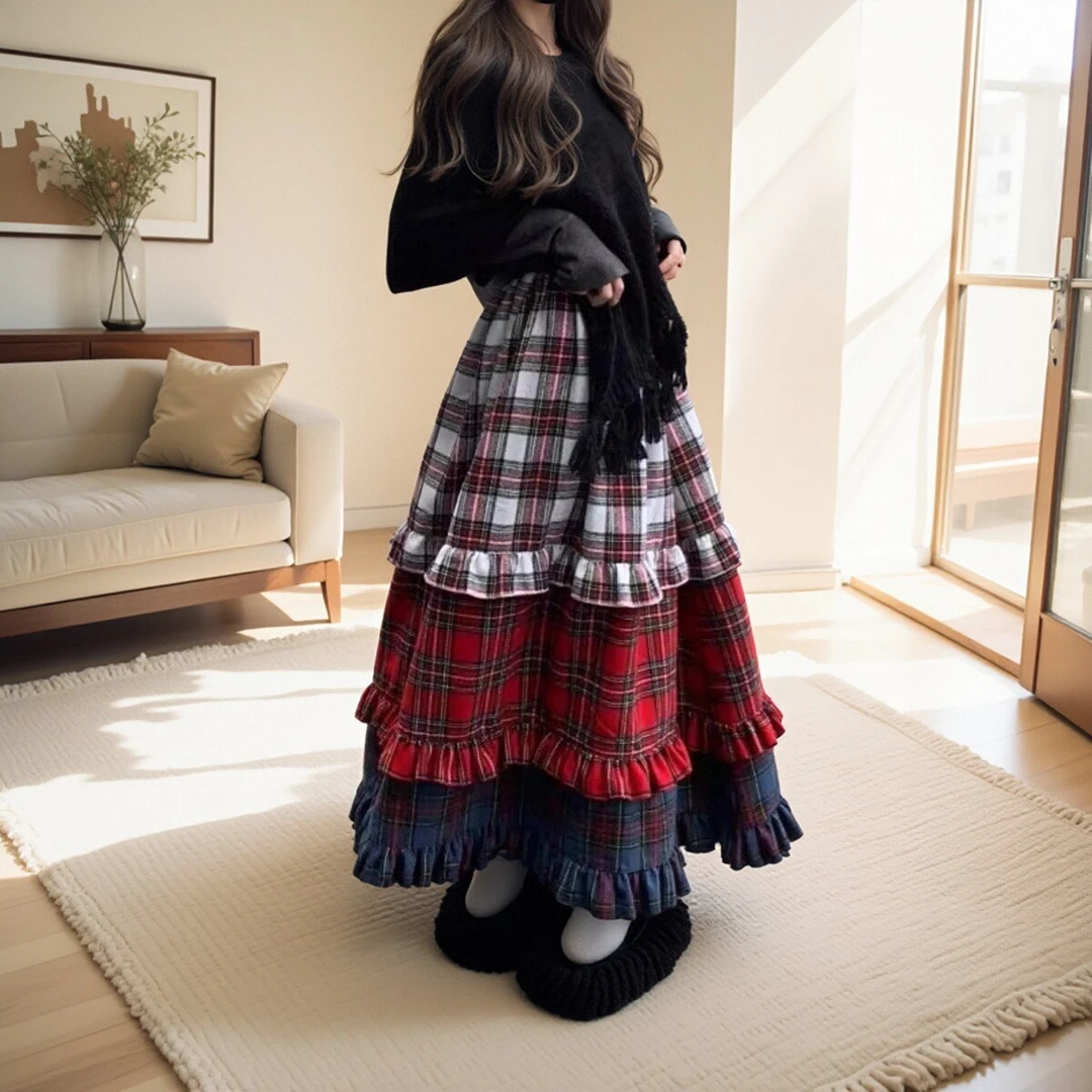 胖mm甜美气质格纹花边拼色半身裙秋冬2025新款高腰宽松A字长裙子