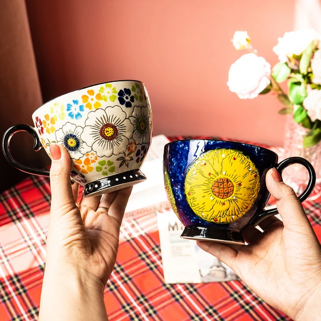 陶瓷早餐杯复古杯子马克杯带盖家用情侣水杯特别好看的杯子咖啡杯