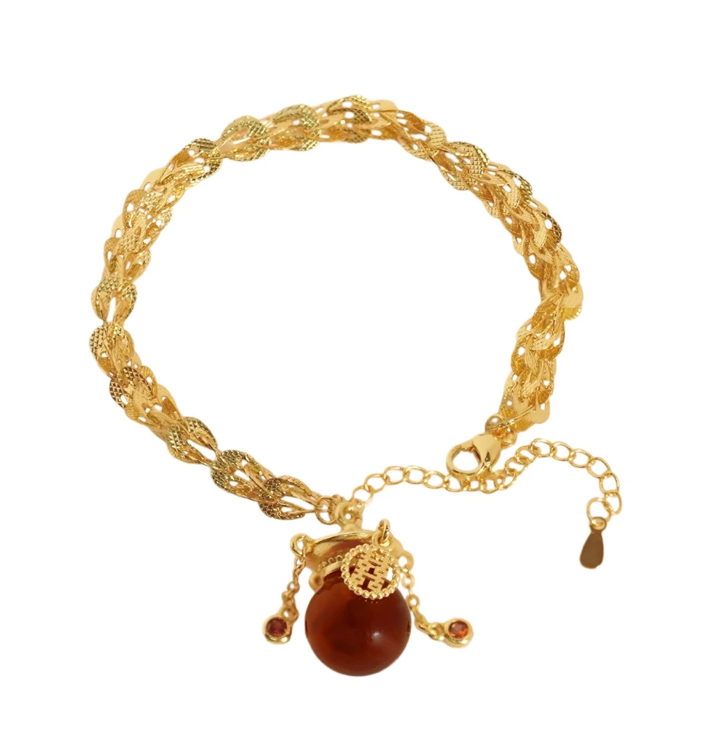 【山水珠宝】轻奢时尚典雅双囍蓝珀凤尾合金镶嵌手链【ZSL47】