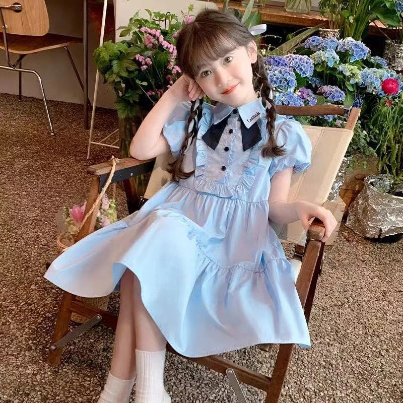 夏装夏季韩版公主裙女学院风连衣裙A字裙小女孩蓬蓬裙女童雪纺