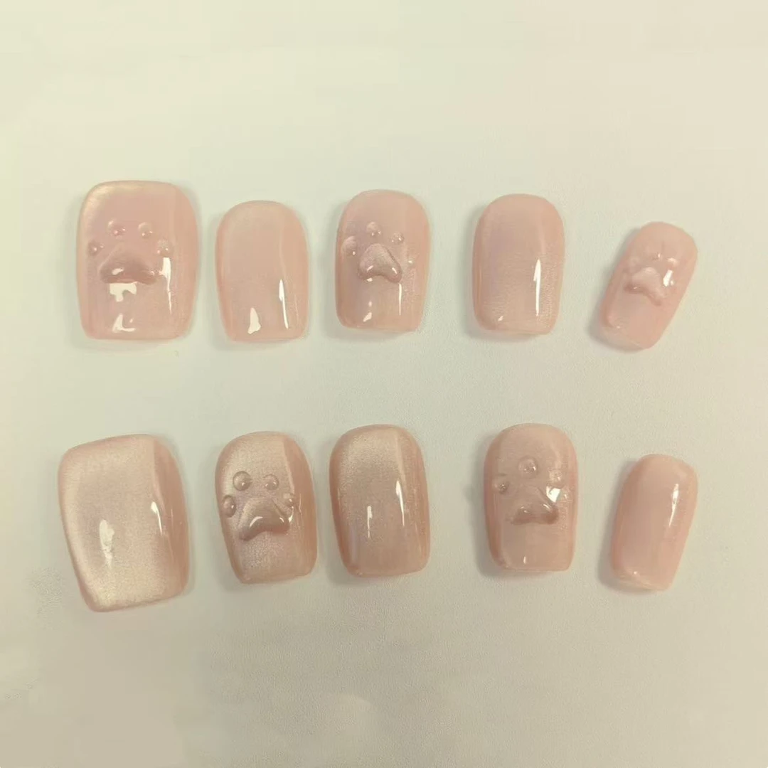 纯手工穿戴甲短梯裸透冰茶色猫眼高级显白日常通勤百搭高级显手长