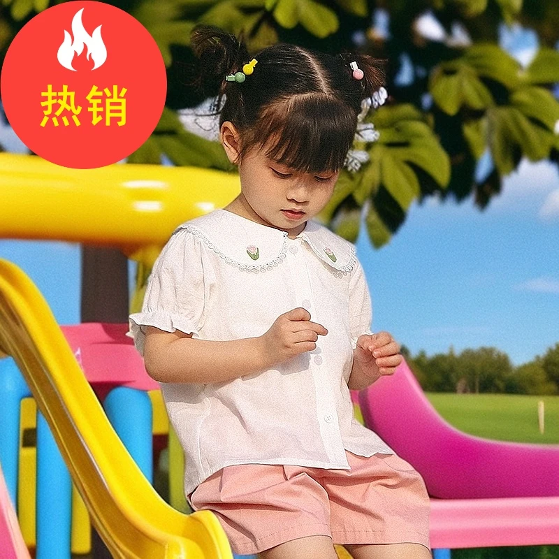 品牌女童纯棉短袖衬衫夏装中小儿童娃娃翻领衬衣韩版潮XGC43031