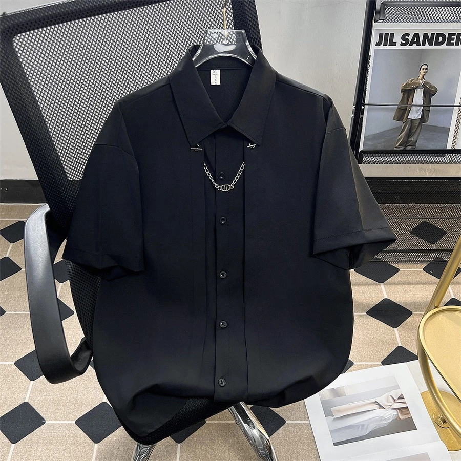 小众设计感链条短袖衬衫男潮流美式黑色复古痞帅宽松休闲衬衣男款