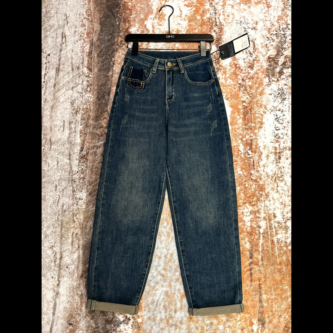 QIMO启茉（A310703#Y高腰老爹牛仔裤）蓝色