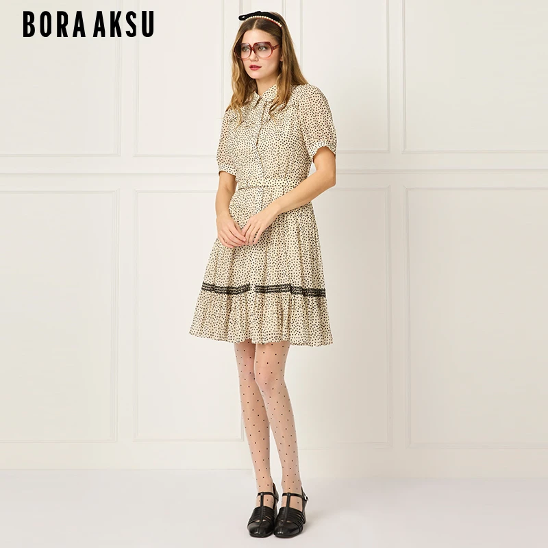 BORAAKSU2025初夏新品法式泡泡袖木耳边波点印花连衣裙B1FCW65090