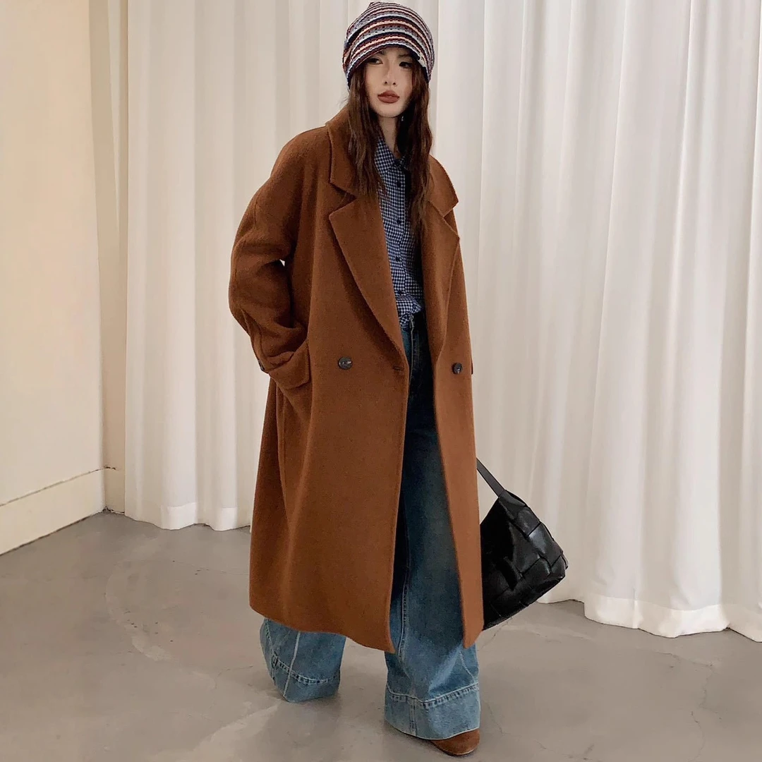 网红爆款秋冬双面羊毛大衣加长款羊毛感宽松休闲气质西装毛呢外套
