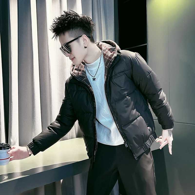 格子拼接连帽棉衣男冬季2024新款爆款冬装加厚棉服百搭棉袄子外套