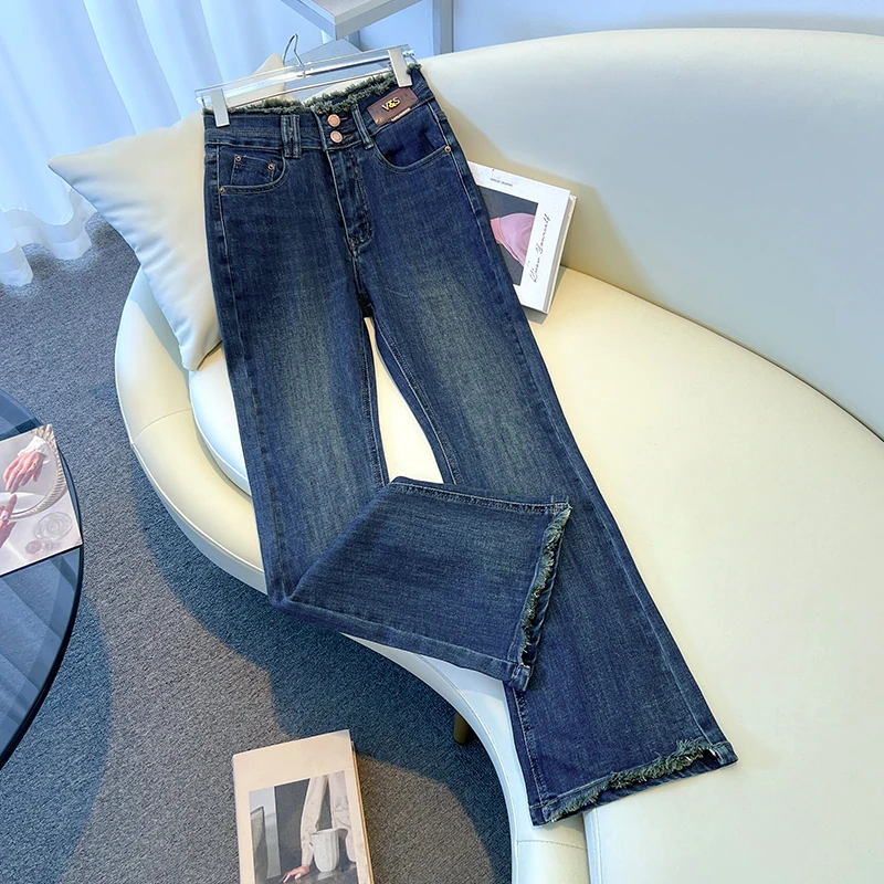 拉夏贝尔毛边微喇裤女2025春秋新款高腰宽松显高爆款牛仔喇叭裤子