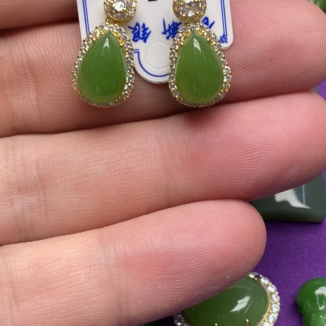 和田玉（碧玉）银S925镶嵌耳饰