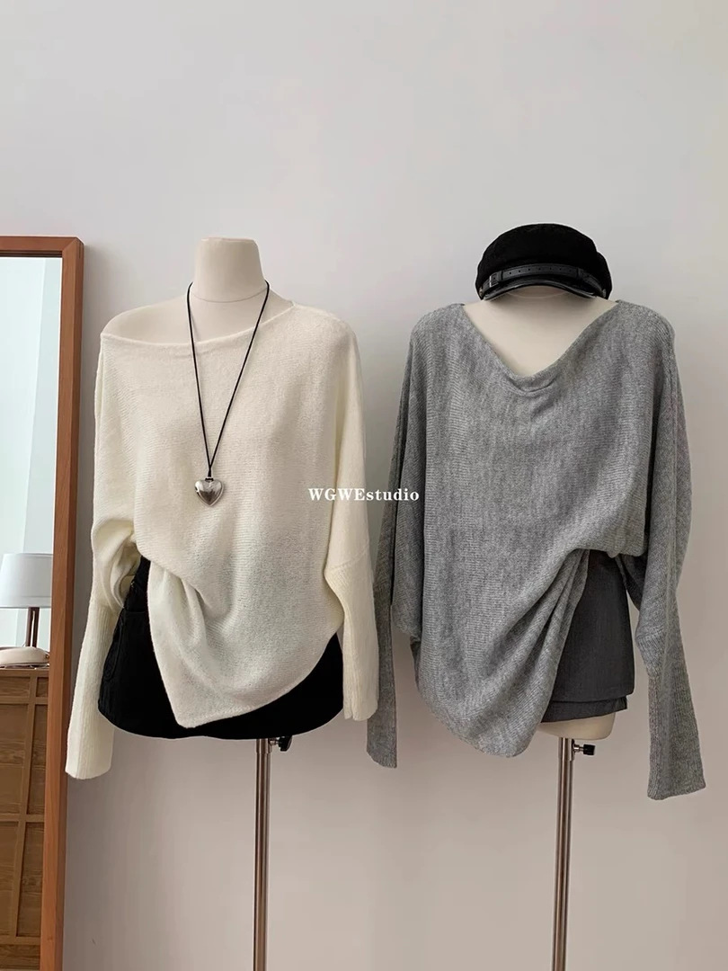 秋冬新款韩版气质慵懒宽松百搭纯色一字领露肩中长款女红色毛衣女