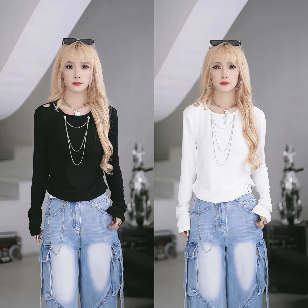 【笑姐定制】6681 小众春季新款金属链条装饰修身纯色百搭长袖