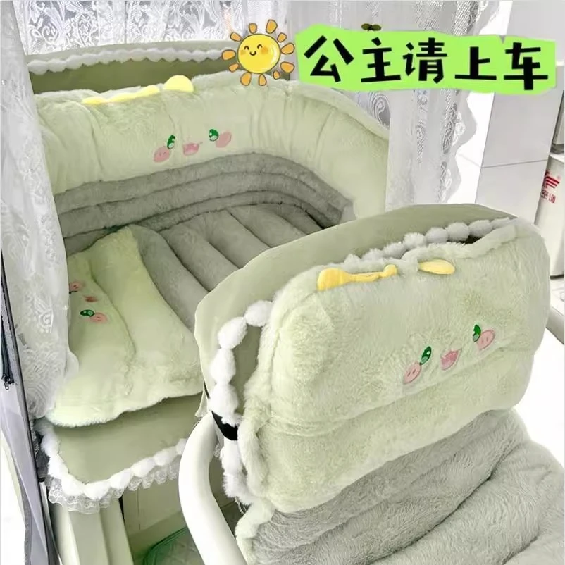 电动三轮车装饰改造冬季卡通毛绒坐垫靠背垫一体后排保暖爱玛雅迪