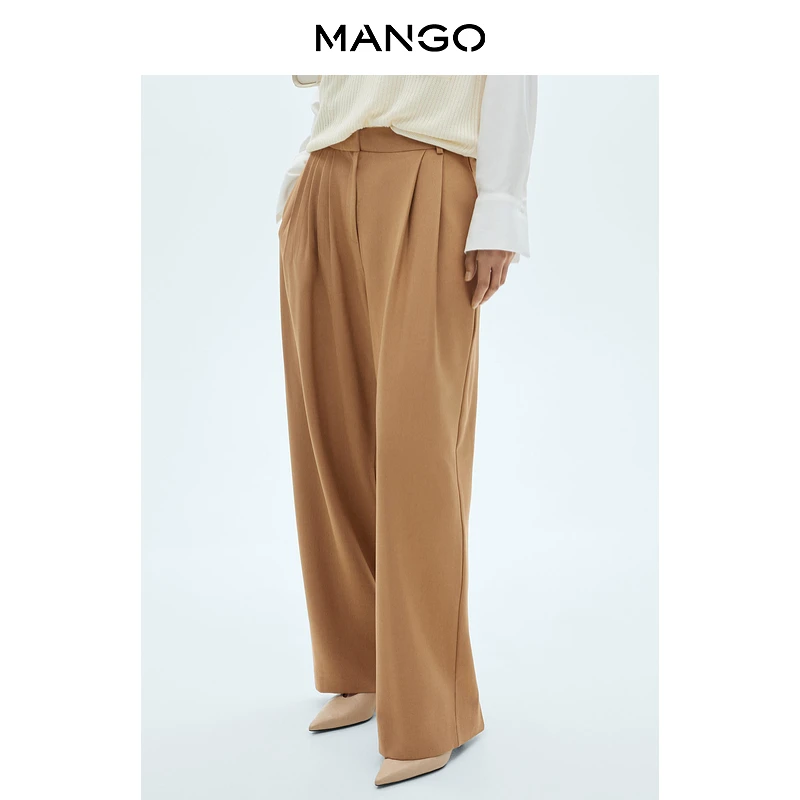 MANGO女装裤子2025春装新款单边褶皱轻薄阔腿裤高腰休闲裤