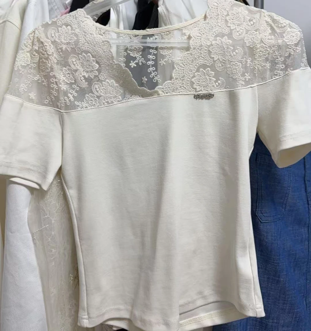 V领常规纱网拼接修身T恤夏季