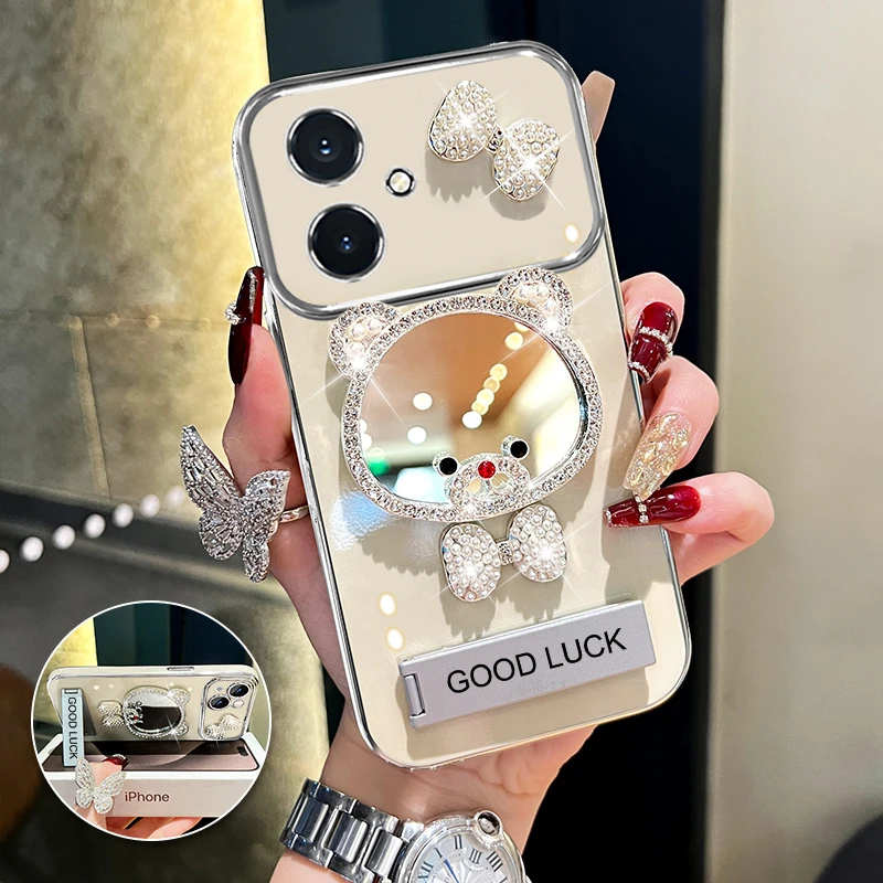 适用荣耀100领结熊补妆镜大视窗手机壳创意电镀防摔全包网红女款