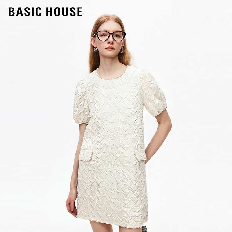 百家好/Basic House法式名媛时尚圆领短袖连衣裙女气质直筒裙2024