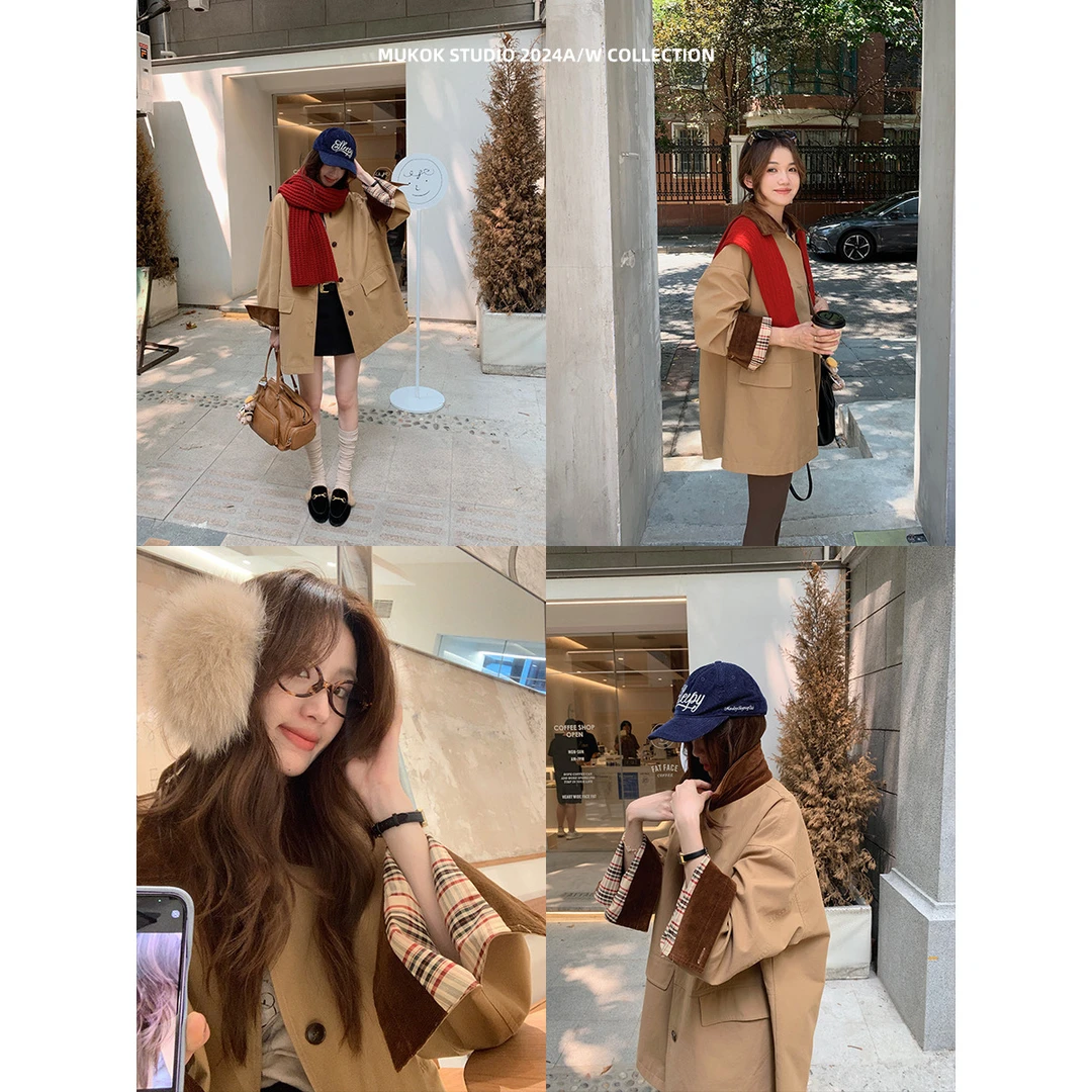 秋季高级感灯芯绒拼接风衣外套