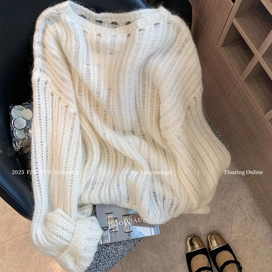 慵懒风白色镂空软糯针织衫毛衣女2025年秋季新款韩系百搭松弛上衣