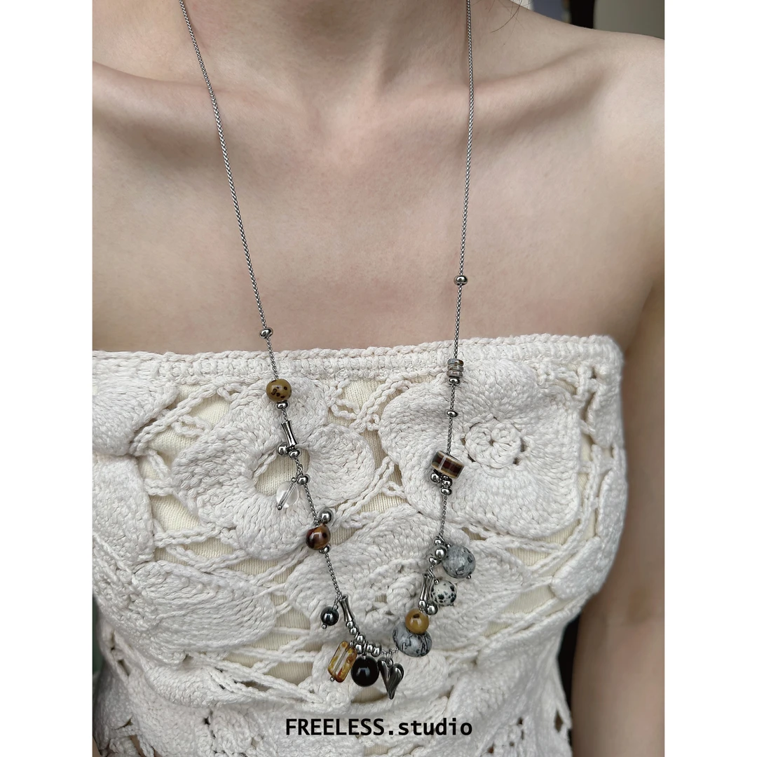 纯铜大理石项链 FREELESS原创长款项链爱心吊坠轻奢高级天然石钛