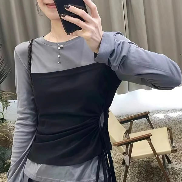 Ulzzang韩国韩系假两件拼接长袖T恤女秋季大码胖mm显瘦遮肉高级感