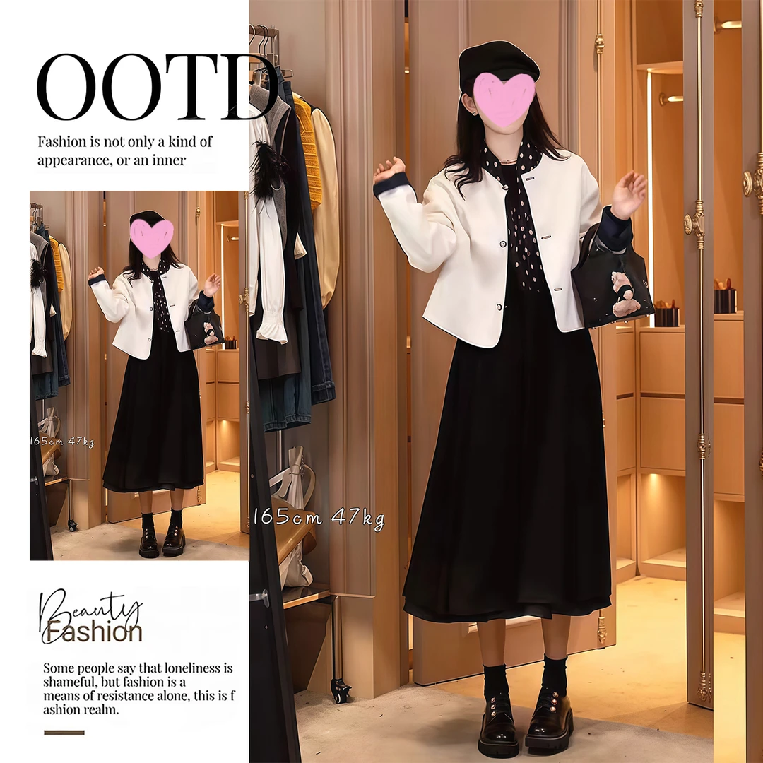 气质时髦感减龄赫本风连衣裙女高端潮流设计感双面穿短外套两件套