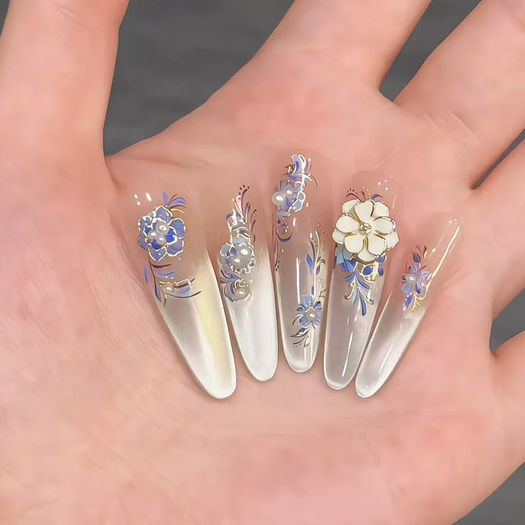 【青花瓷】气质新中式风高级猫眼花花珍珠爆闪纯手工可拆卸穿戴甲