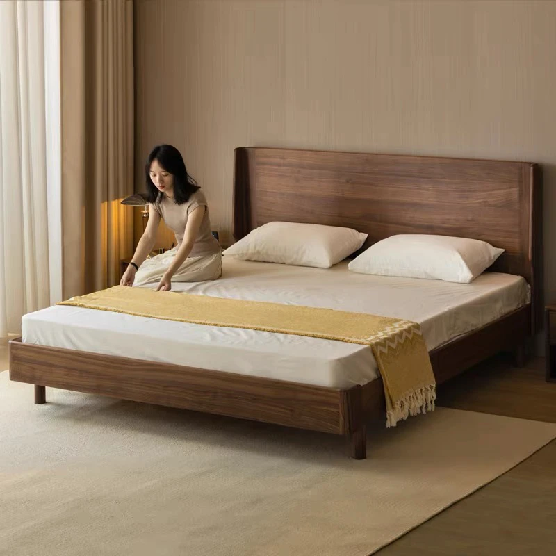 北欧现代家用简约大床原木色全实木床北美黑胡桃木双人床悬浮床