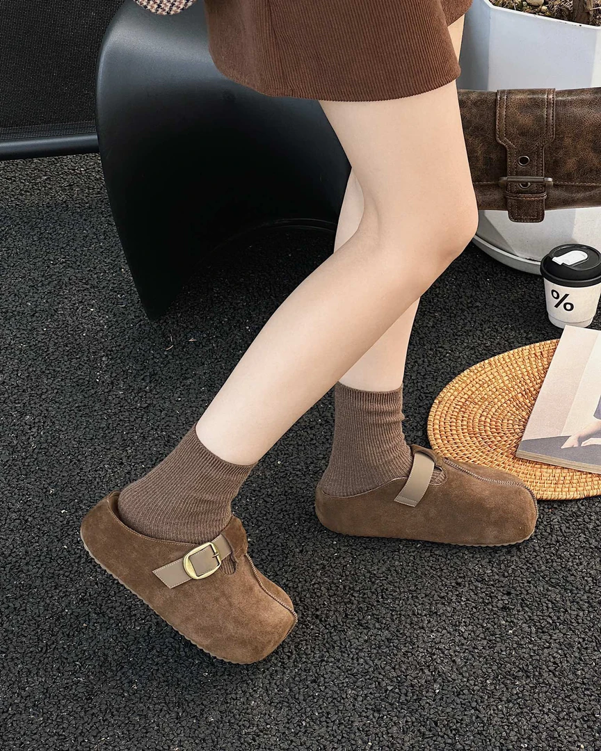 纯色浅口文艺复古包头款包头拖保暖高帮加绒平底防滑百搭秋季