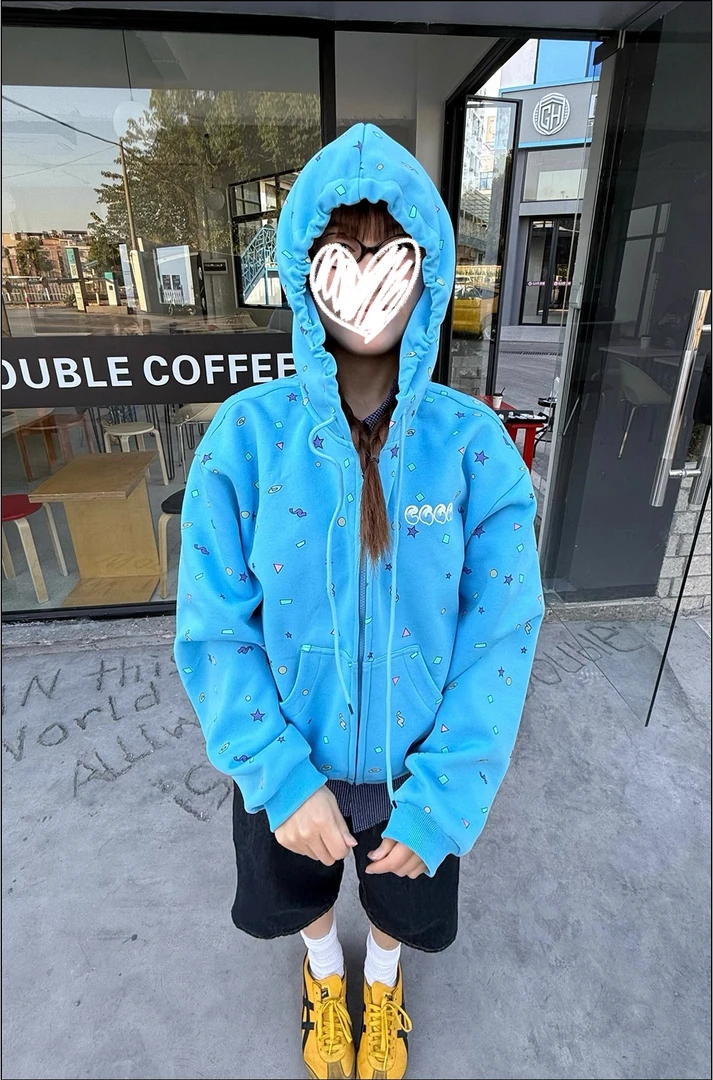 美式复古星星印花连帽卫衣女秋季慵懒风宽松休闲百搭拉链帽衫外套