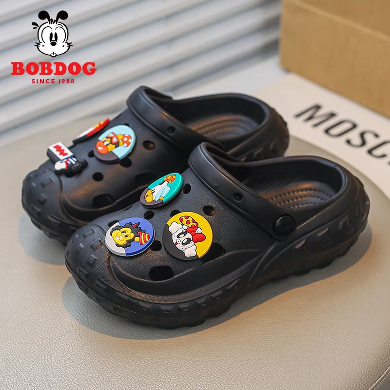 巴布豆男孩儿童防滑洞洞鞋夏季黑色耐穿耐脏包头凉鞋男孩子拖鞋子