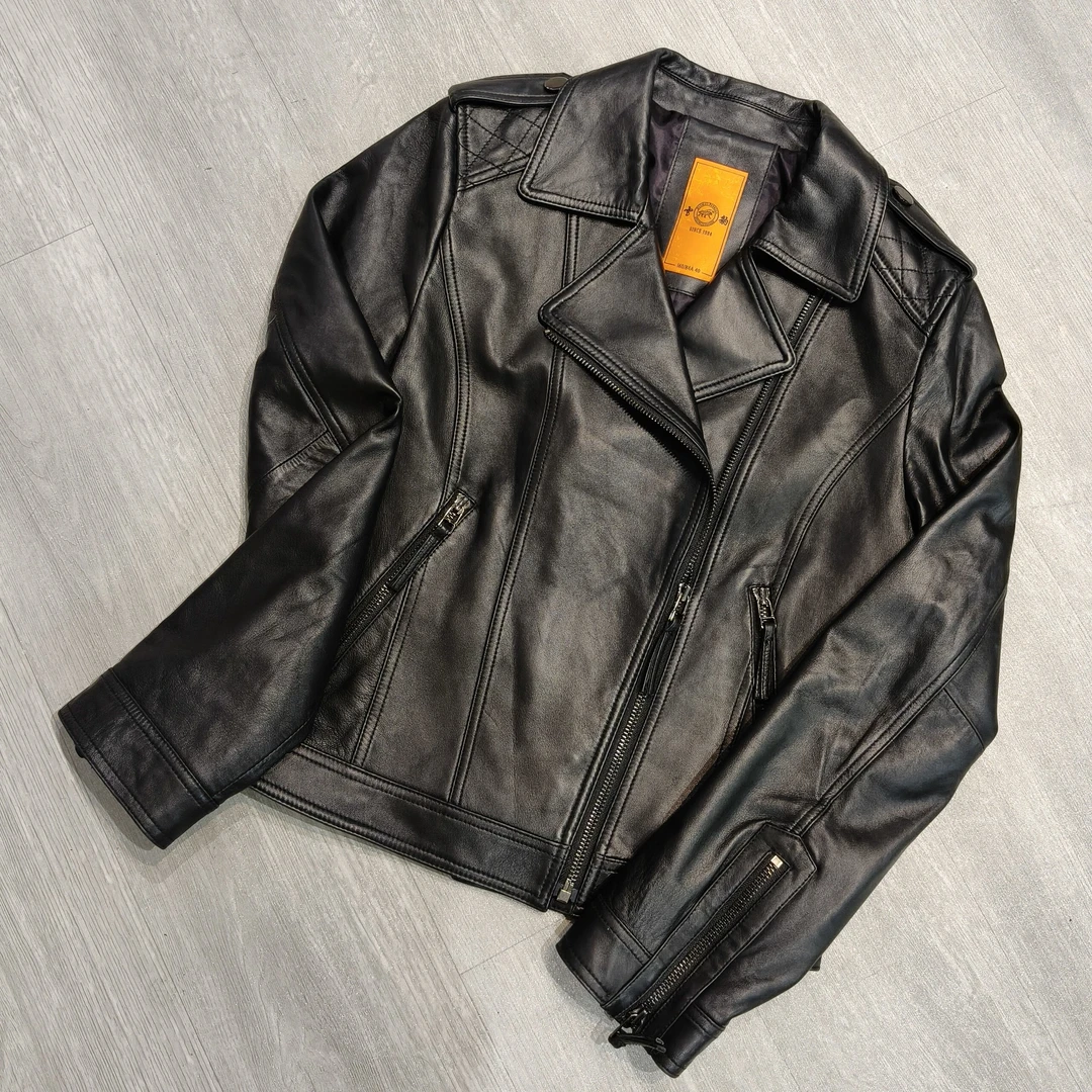 翻领时尚简约肩边菱格斜拉链皮衣-果梓14