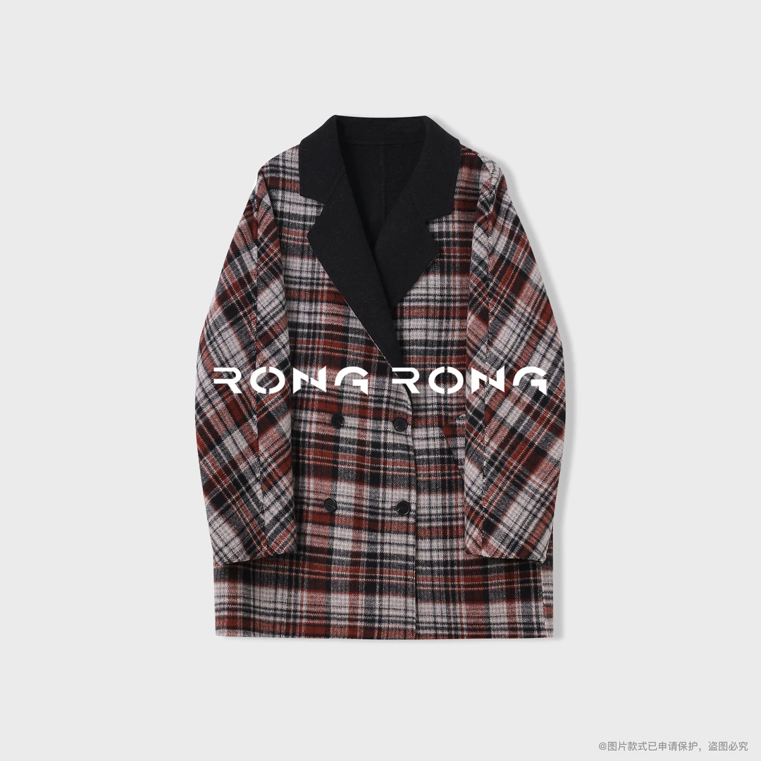 溶溶【格调风雅】RONGRONG 毛混纺翻领格纹异色双面呢大衣2512K501