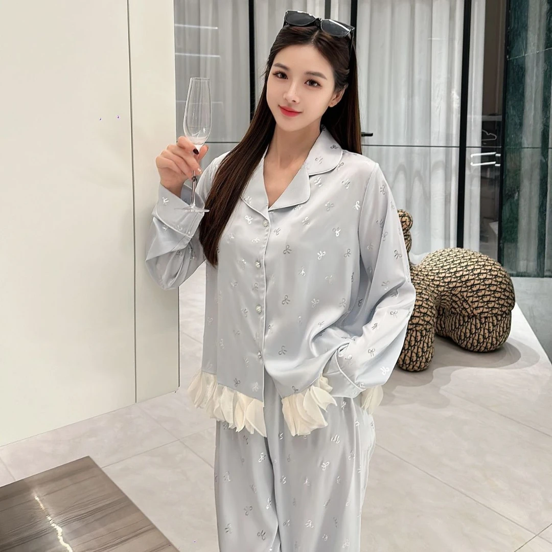 春秋季高级感冰丝睡衣女蝴蝶结甜美可爱风长袖薄款爆款甜美家居服