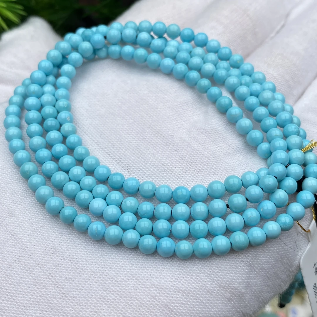 尺寸3.6mm高瓷蓝圆珠多圈长串项链天然原矿绿松石