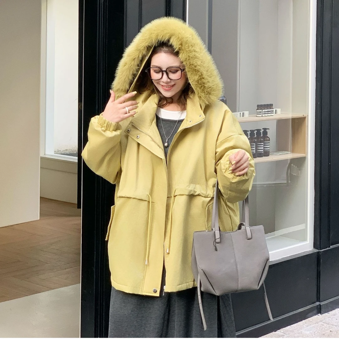 媛子大码韩版连帽派克服时尚百搭冬季加厚保暖加绒大毛领83685