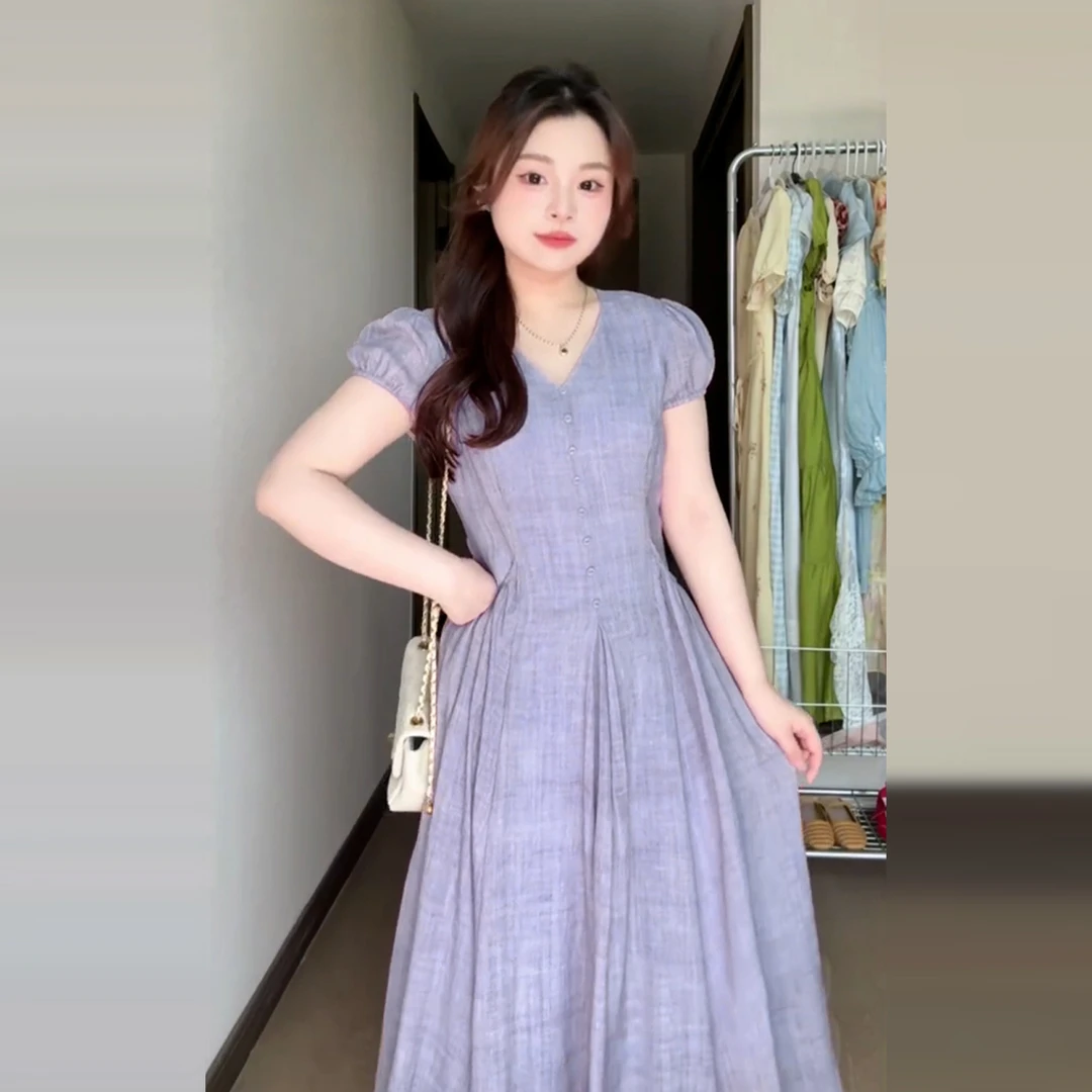 4644紫色短袖连衣裙女夏高级感棉麻裙子巨好看的多巴胺掐腰裙长裙