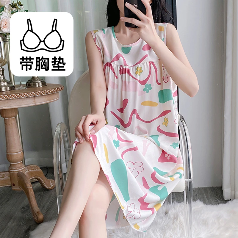 无袖圆领中长款薄款甜美夏季睡裙裙子胸垫棉绸长裙打女女裙妈妈裙
