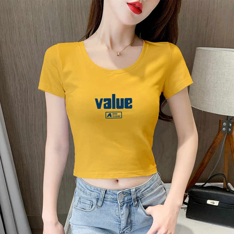 短款t恤女短袖修身圆领纯棉夏季新款高腰露肚脐紧身上衣漏脐显瘦