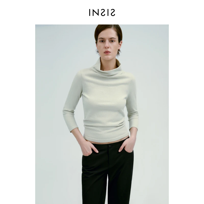 INSISFEMME24春季新款薄荷曼波堆领八分袖圈圈纱套头打底衫